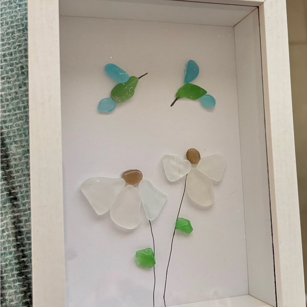 Framed Sea Glass Art with Flowers and hummingbirds. Handmade one of a kind 5x7